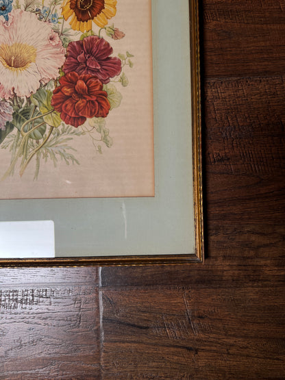Vintage Wood Framed Floral Print - Pastel Wildflower Bouquet Botanical Wall Art