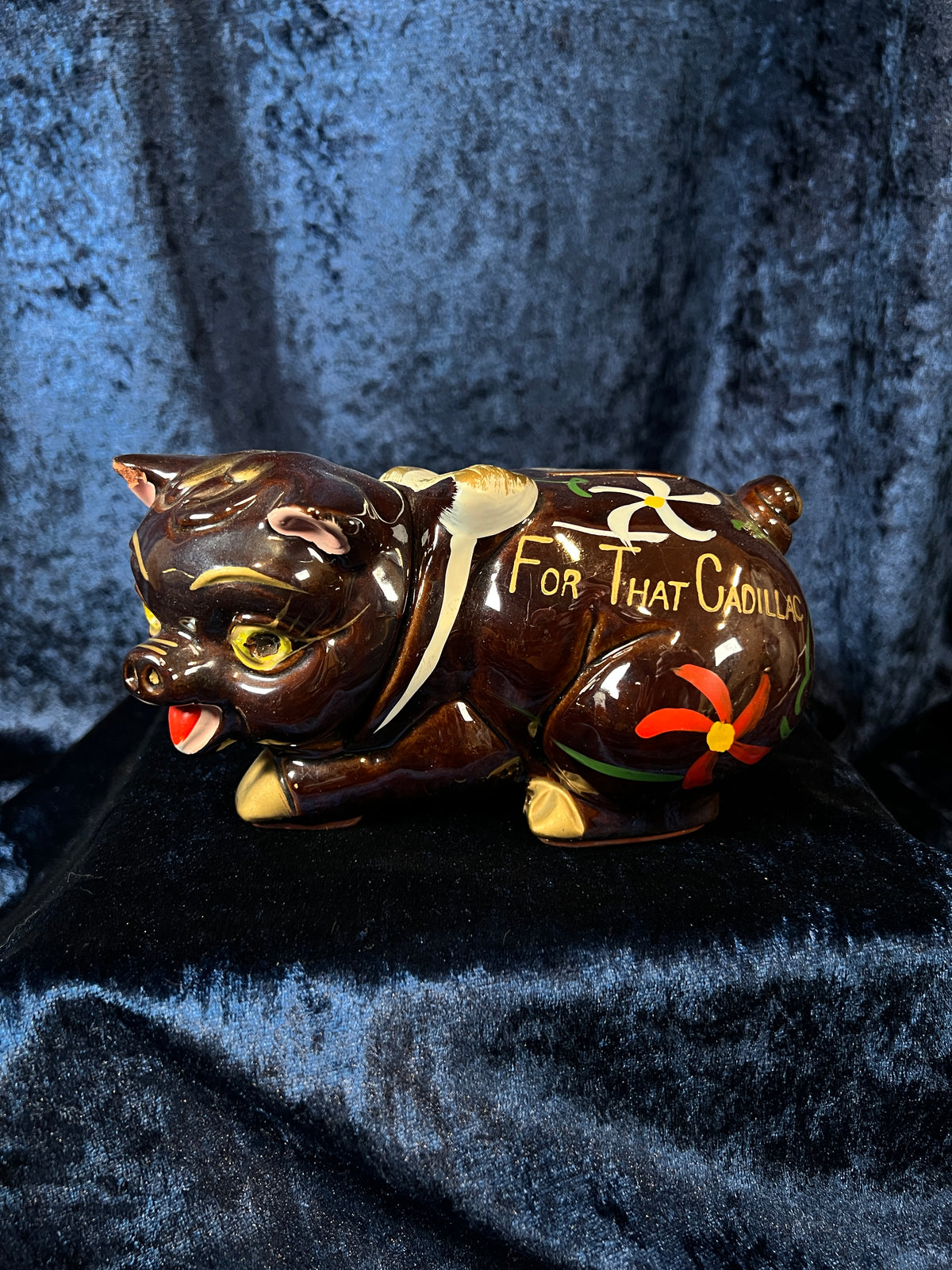 Vintage Ceramic Piggy Bank - Floral Motif and Cadillac Phrase