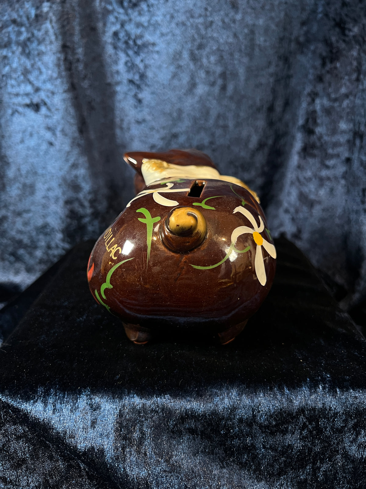 Vintage Ceramic Piggy Bank - Floral Motif and Cadillac Phrase