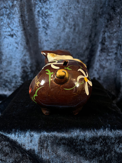 Vintage Ceramic Piggy Bank - Floral Motif and Cadillac Phrase