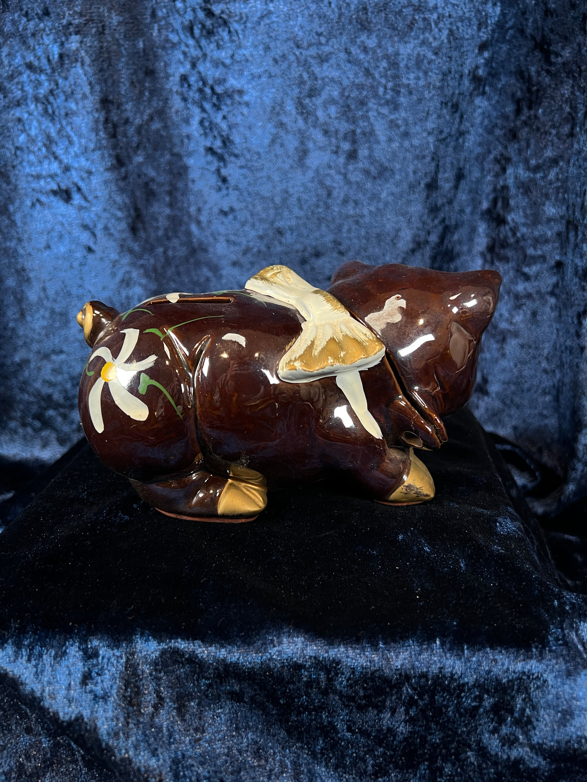 Vintage Ceramic Piggy Bank - Floral Motif and Cadillac Phrase