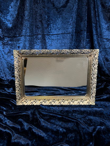 Vintage Mirrored Vanity Tray - Ornate Gold Metal Filigree Frame