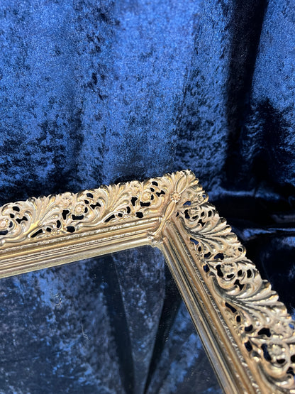 Vintage Mirrored Vanity Tray - Ornate Gold Metal Filigree Frame