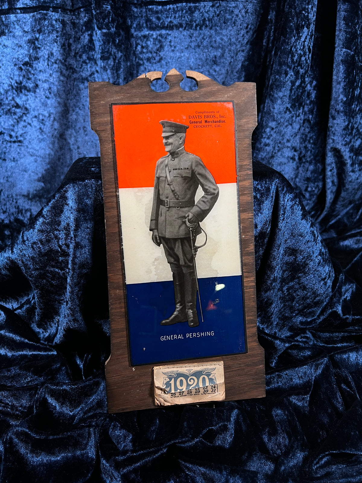 Antique 1920 Wood Wall Calendar - General Pershing and Crockett Advertising