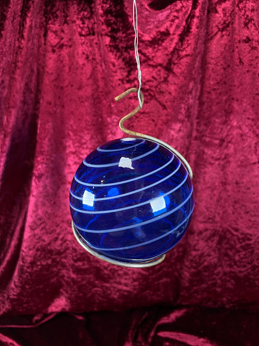 Vintage Hanging Blown Glass Buoy - Blue and White Swirl