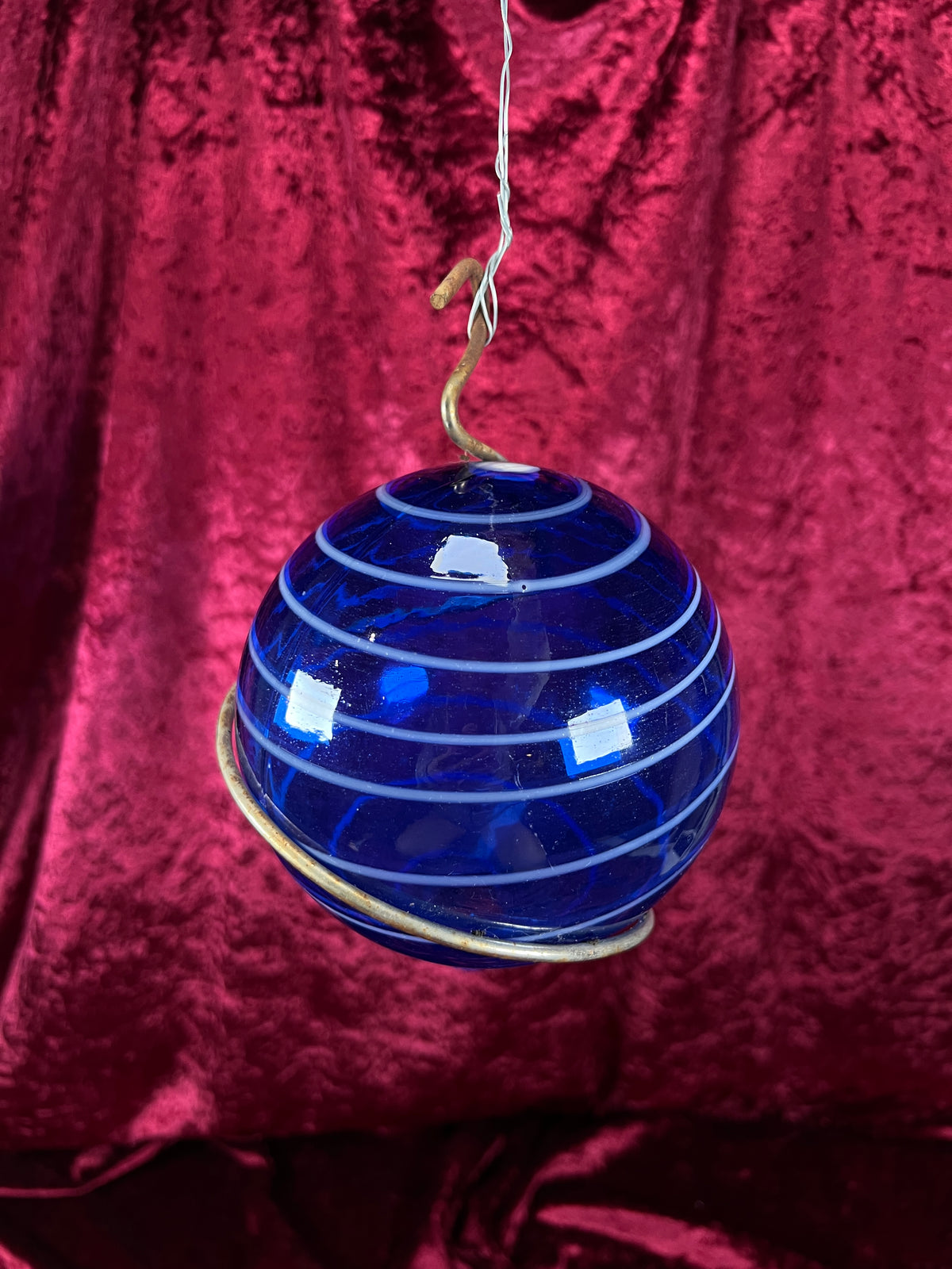 Vintage Hanging Blown Glass Buoy - Blue and White Swirl