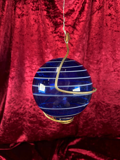 Vintage Hanging Blown Glass Buoy - Blue and White Swirl