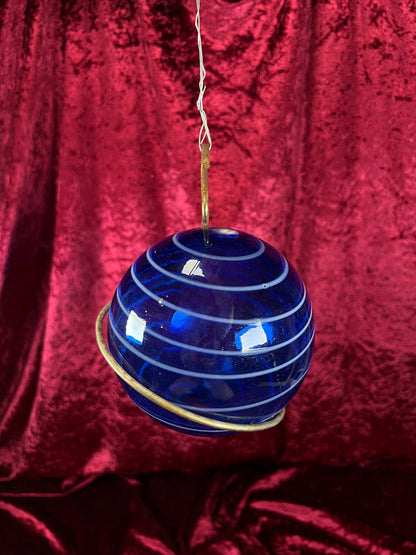 Vintage Hanging Blown Glass Buoy - Blue and White Swirl