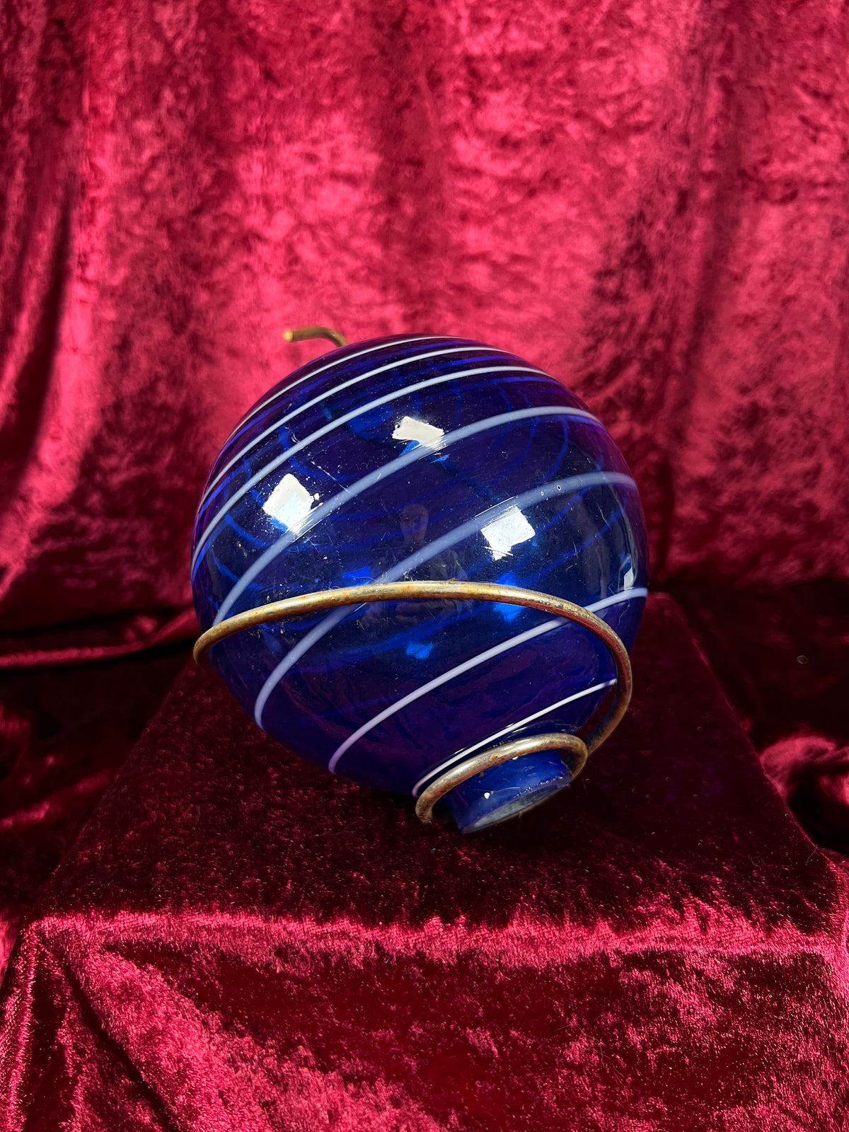 Vintage Hanging Blown Glass Buoy - Blue and White Swirl