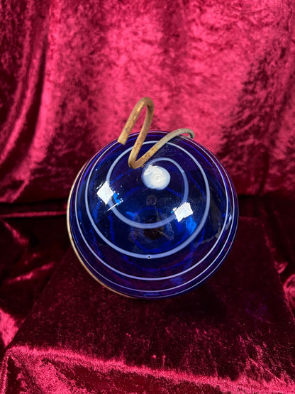 Vintage Hanging Blown Glass Buoy - Blue and White Swirl