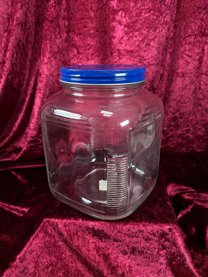 Vintage Anchor Hocking Glass Storage Jar - Blue Metal Lid and Square Container