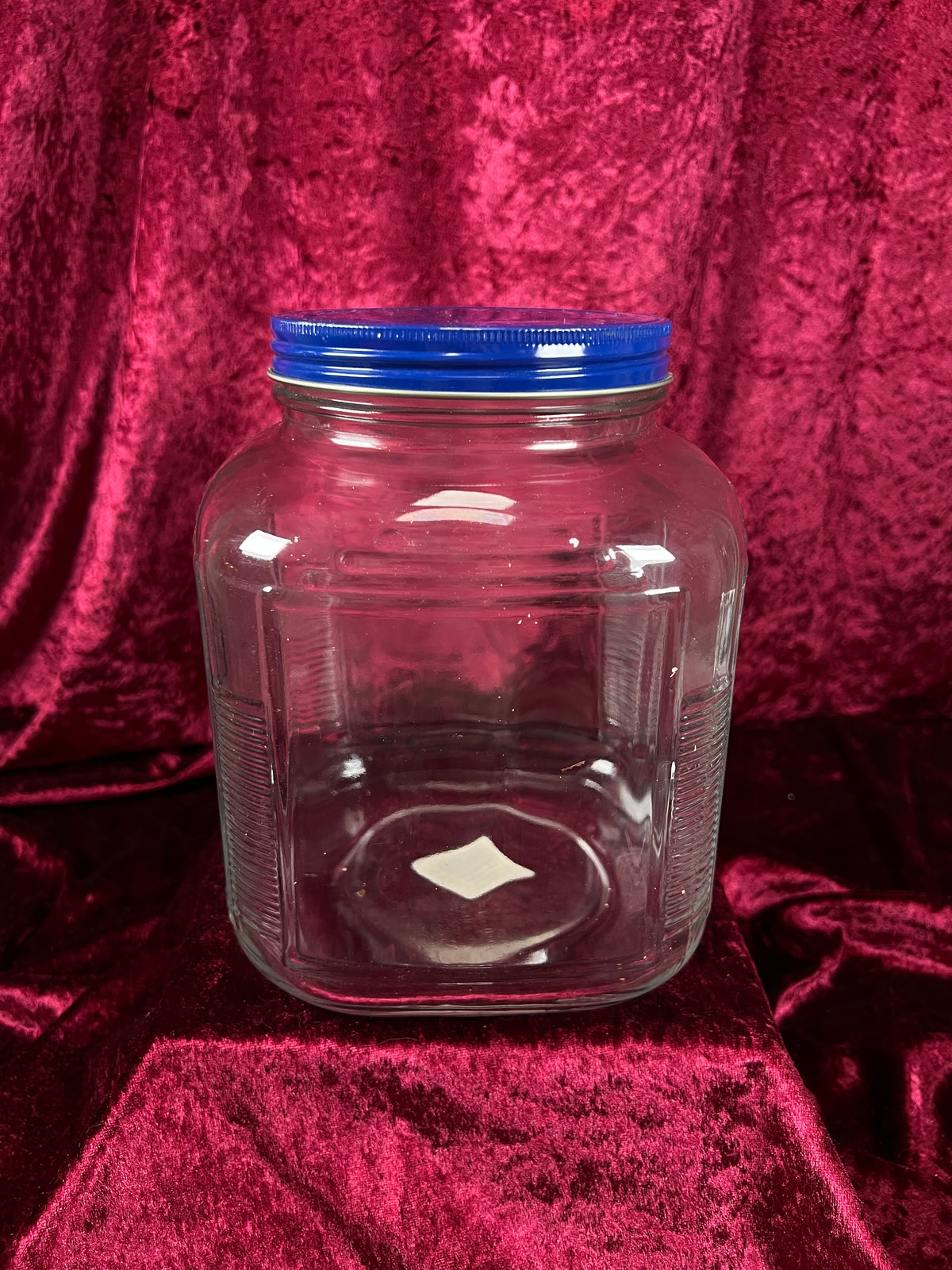 Vintage Anchor Hocking Glass Storage Jar - Blue Metal Lid and Square Container