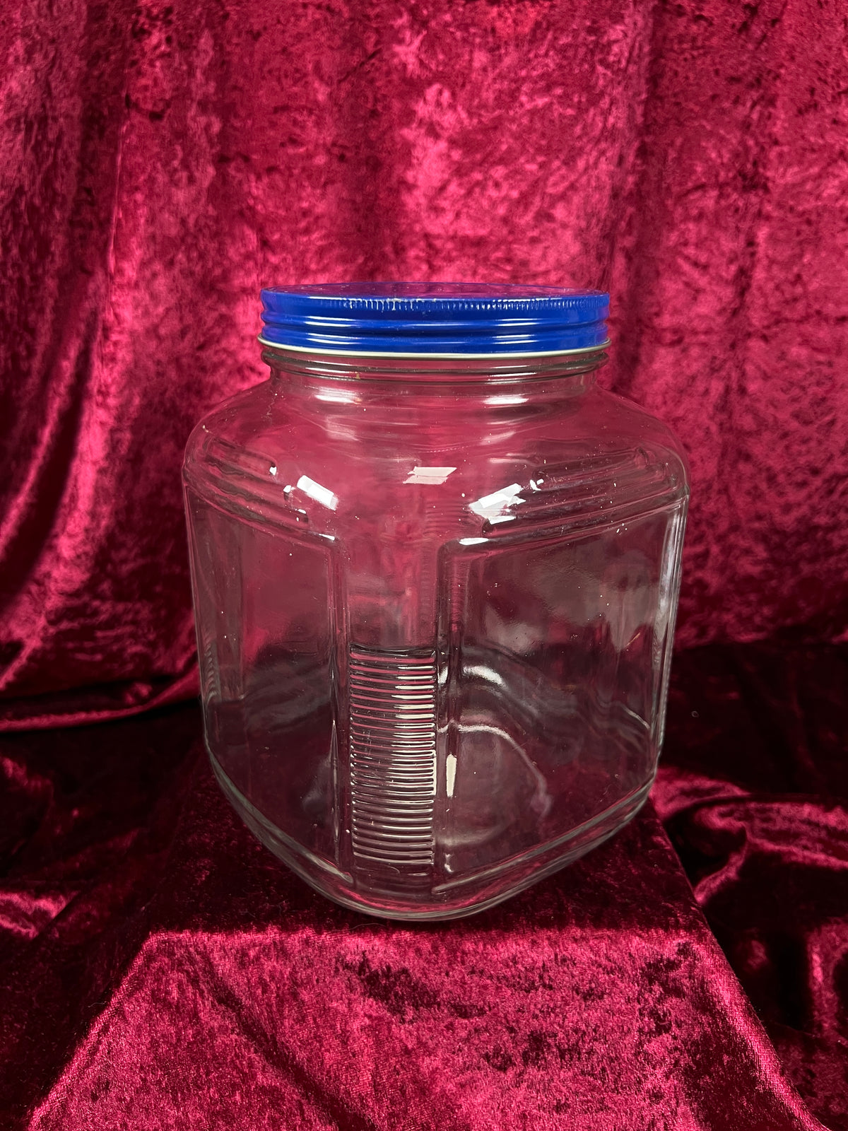 Vintage Anchor Hocking Glass Storage Jar - Blue Metal Lid and Square Container