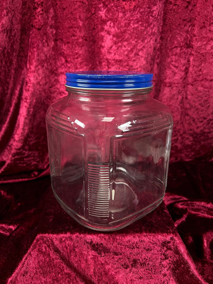 Vintage Anchor Hocking Glass Storage Jar - Blue Metal Lid and Square Container