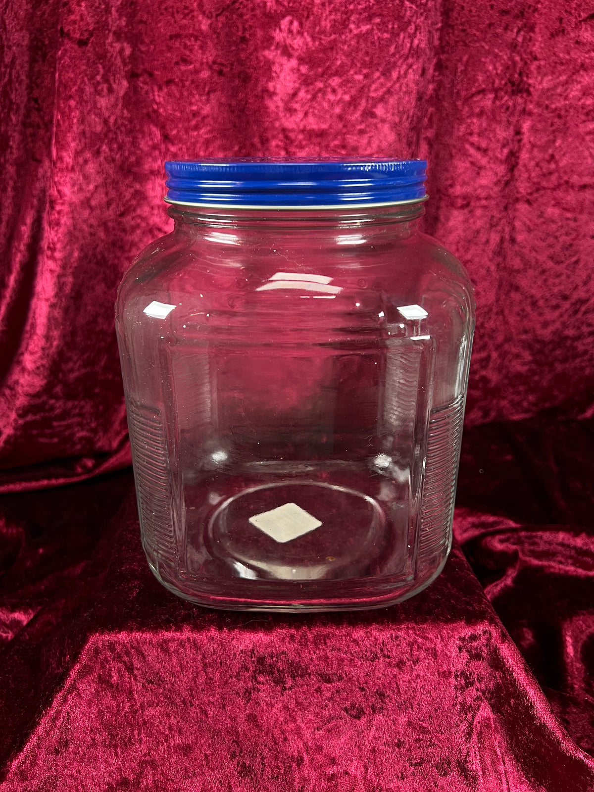 Vintage Anchor Hocking Glass Storage Jar - Blue Metal Lid and Square Container