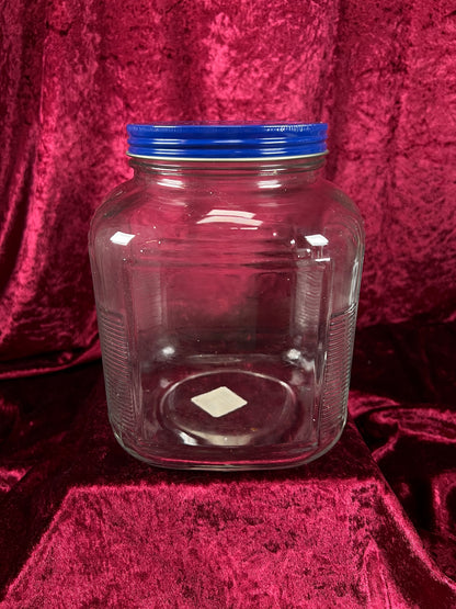 Vintage Anchor Hocking Glass Storage Jar - Blue Metal Lid and Square Container