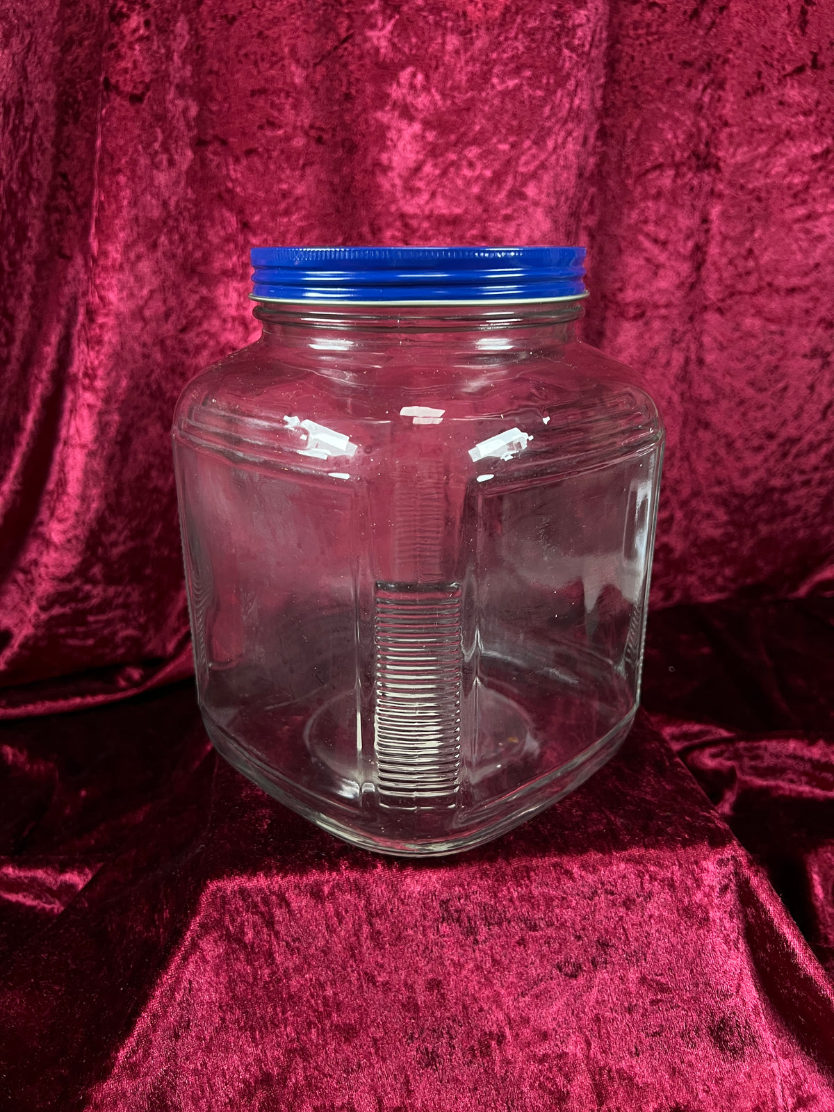 Vintage Anchor Hocking Glass Storage Jar - Blue Metal Lid and Square Container