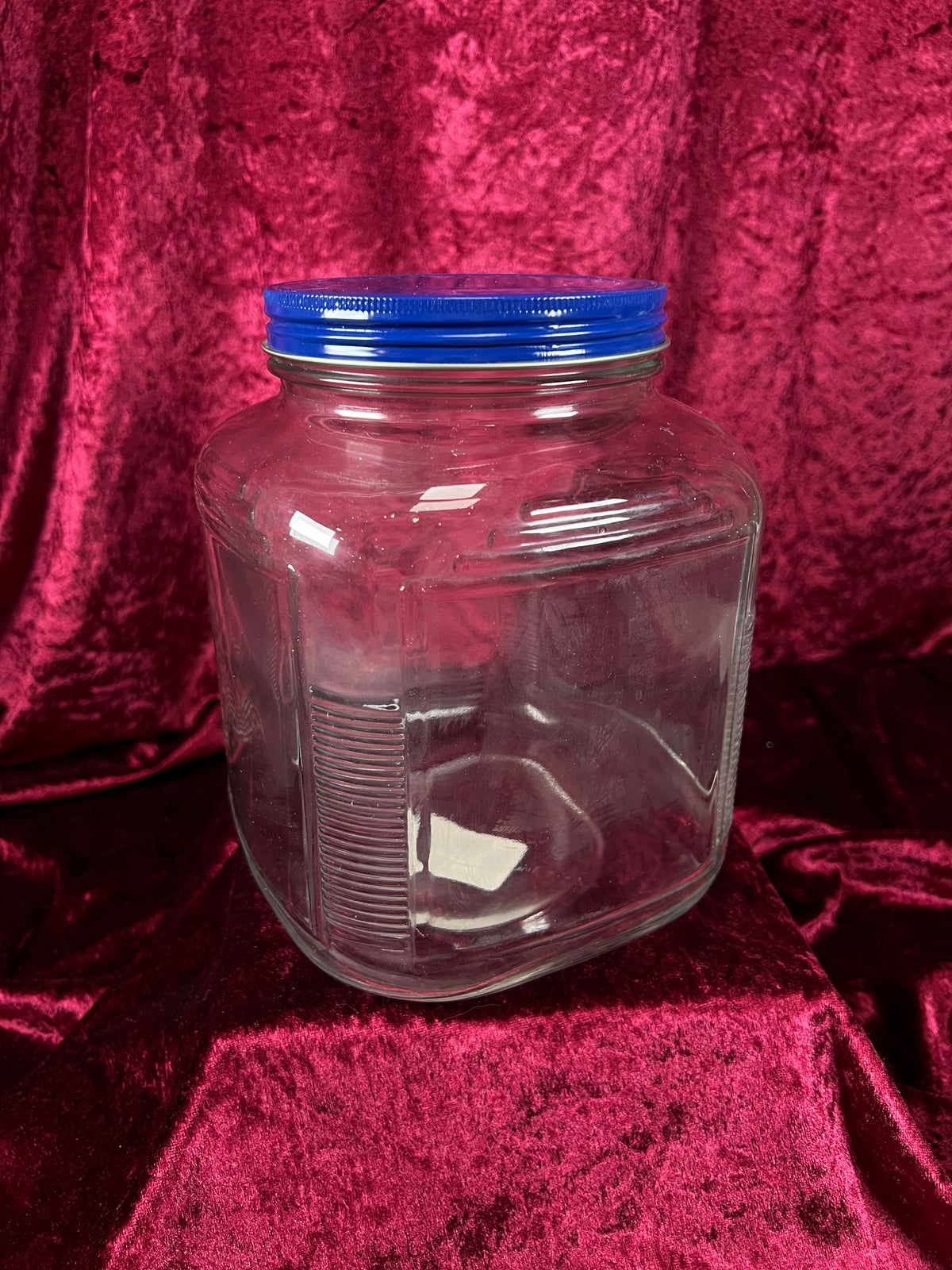Vintage Anchor Hocking Glass Storage Jar - Blue Metal Lid and Square Container