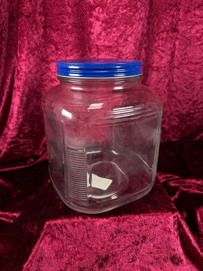 Vintage Anchor Hocking Glass Storage Jar - Blue Metal Lid and Square Container