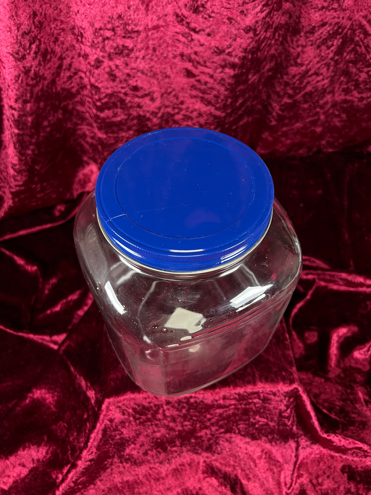 Vintage Anchor Hocking Glass Storage Jar - Blue Metal Lid and Square Container