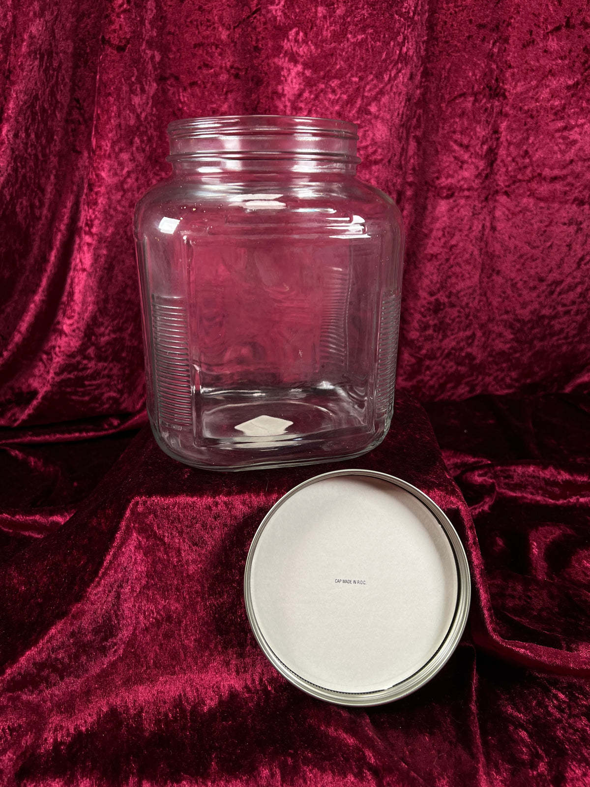 Vintage Anchor Hocking Glass Storage Jar - Blue Metal Lid and Square Container