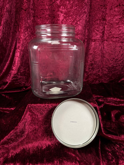 Vintage Anchor Hocking Glass Storage Jar - Blue Metal Lid and Square Container