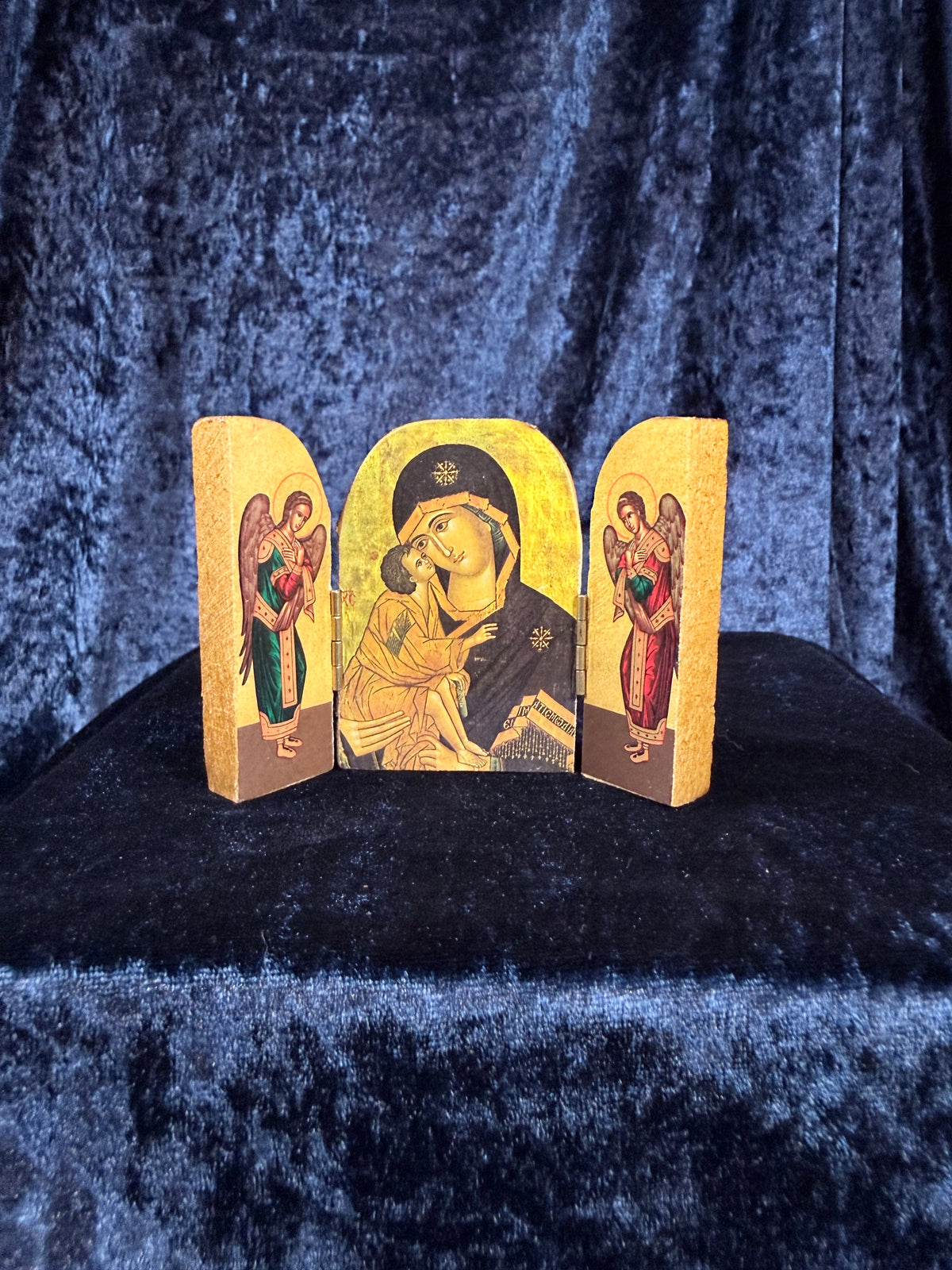 Vintage Wood Religious Triptych - Madonna and Child Folding Icon