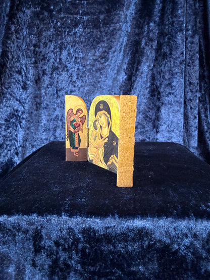 Vintage Wood Religious Triptych - Madonna and Child Folding Icon