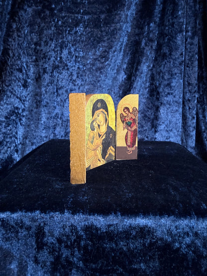 Vintage Wood Religious Triptych - Madonna and Child Folding Icon