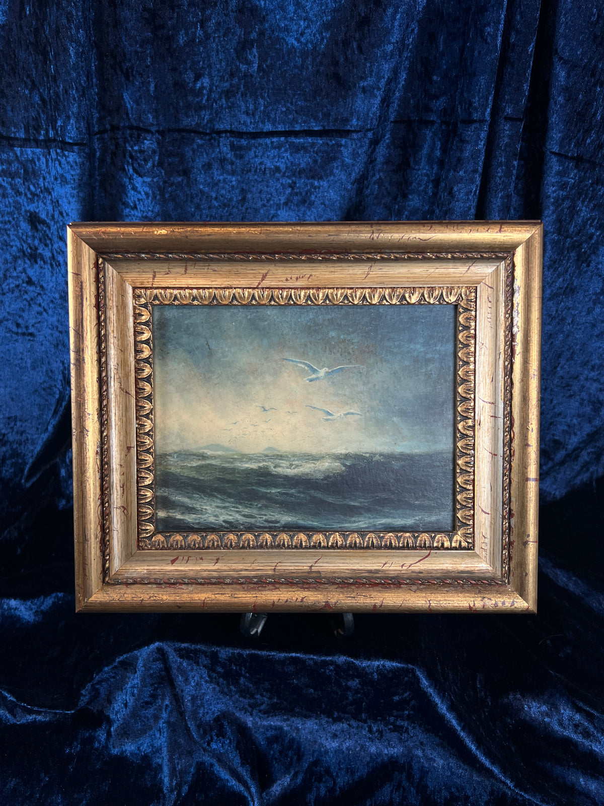 Vintage Framed Seascape Print - Ocean Waves Seagulls Ornate Gold Frame