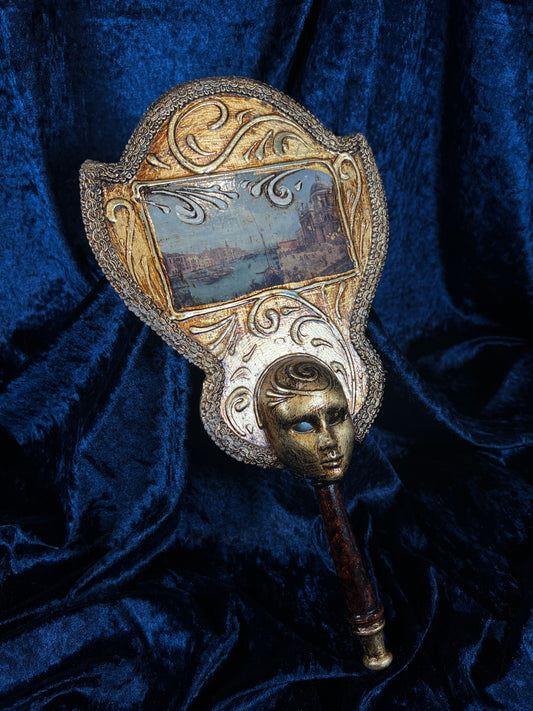 Vintage Papier Mache Hand Mirror - Venetian Scene and Ornate Gilt Frame