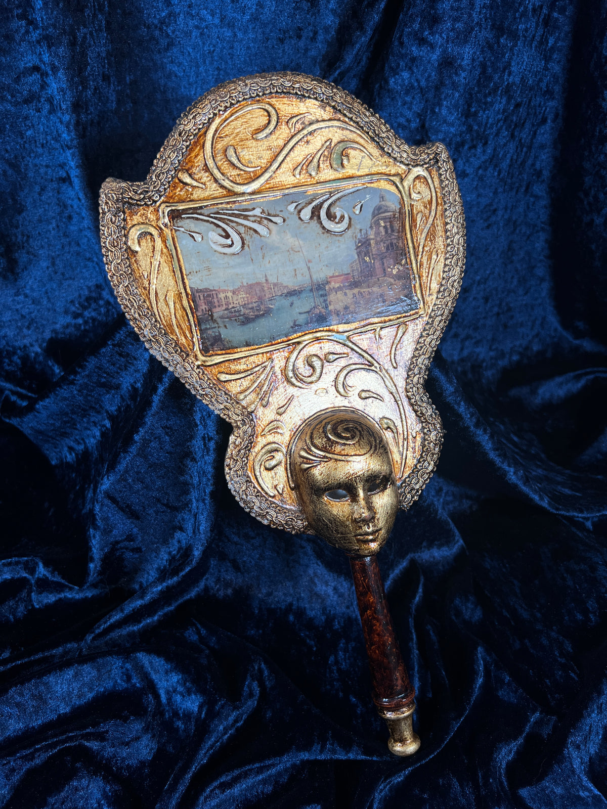 Vintage Papier Mache Hand Mirror - Venetian Scene and Ornate Gilt Frame