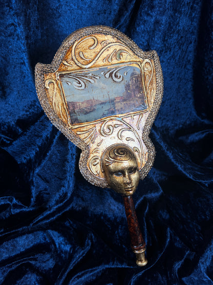 Vintage Papier Mache Hand Mirror - Venetian Scene and Ornate Gilt Frame