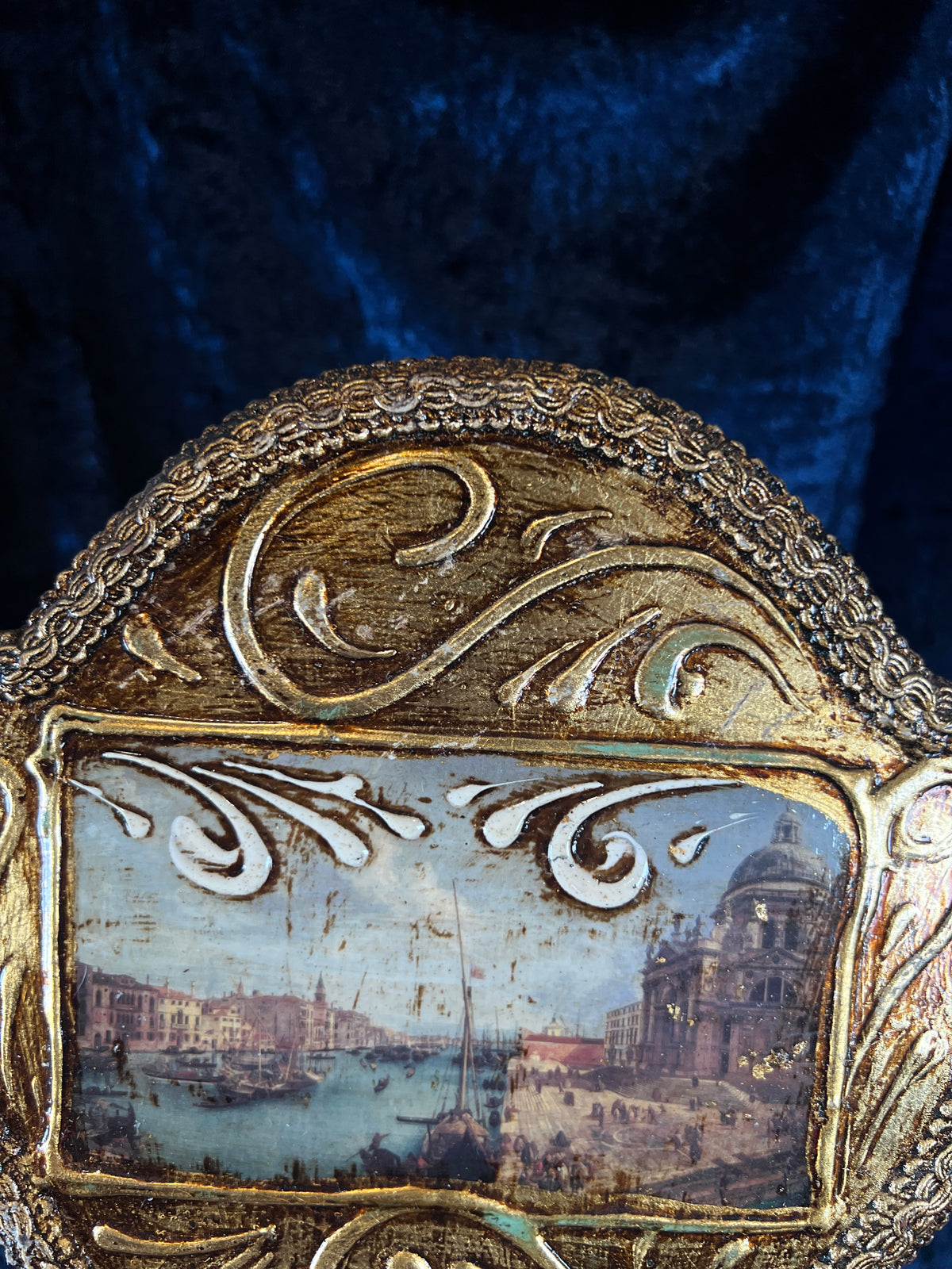 Vintage Papier Mache Hand Mirror - Venetian Scene and Ornate Gilt Frame