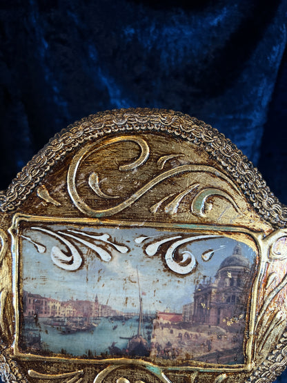 Vintage Papier Mache Hand Mirror - Venetian Scene and Ornate Gilt Frame