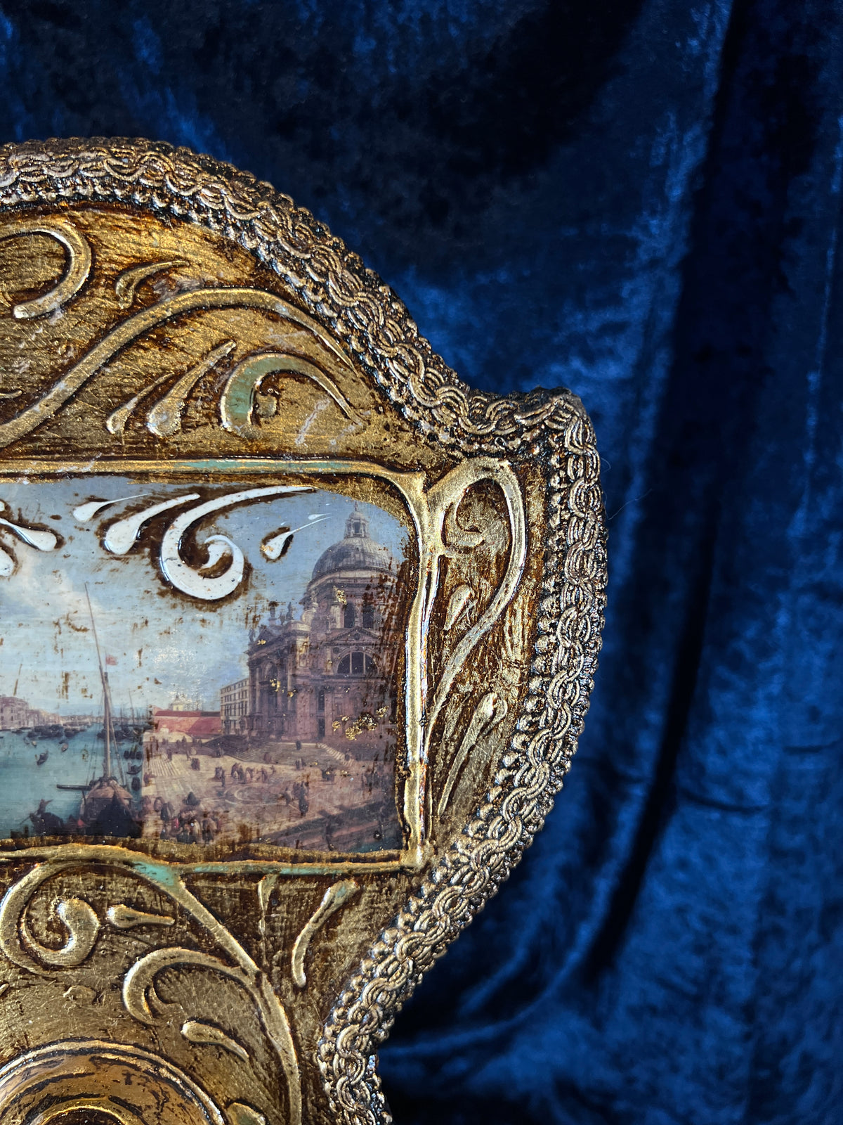 Vintage Papier Mache Hand Mirror - Venetian Scene and Ornate Gilt Frame