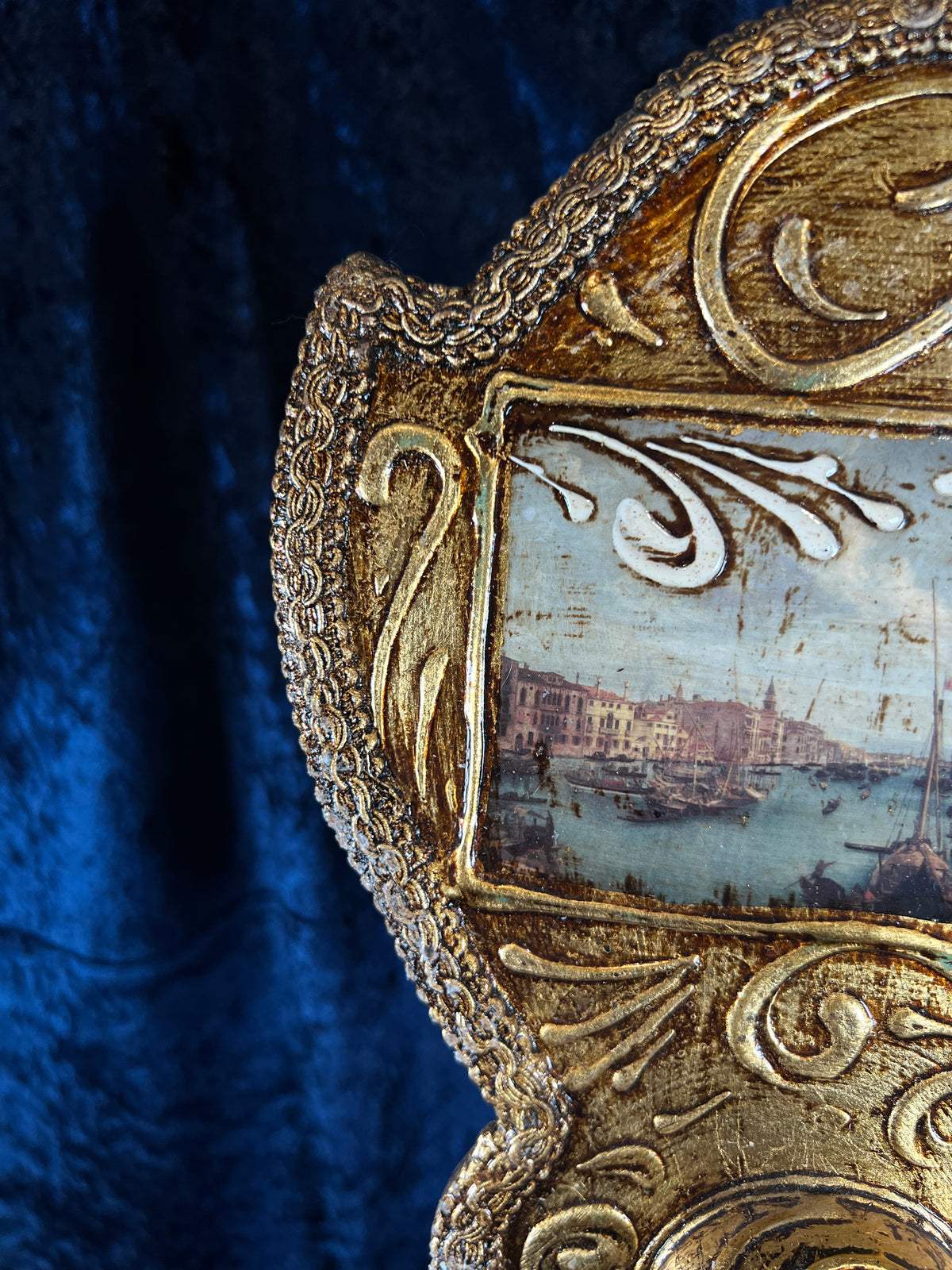 Vintage Papier Mache Hand Mirror - Venetian Scene and Ornate Gilt Frame