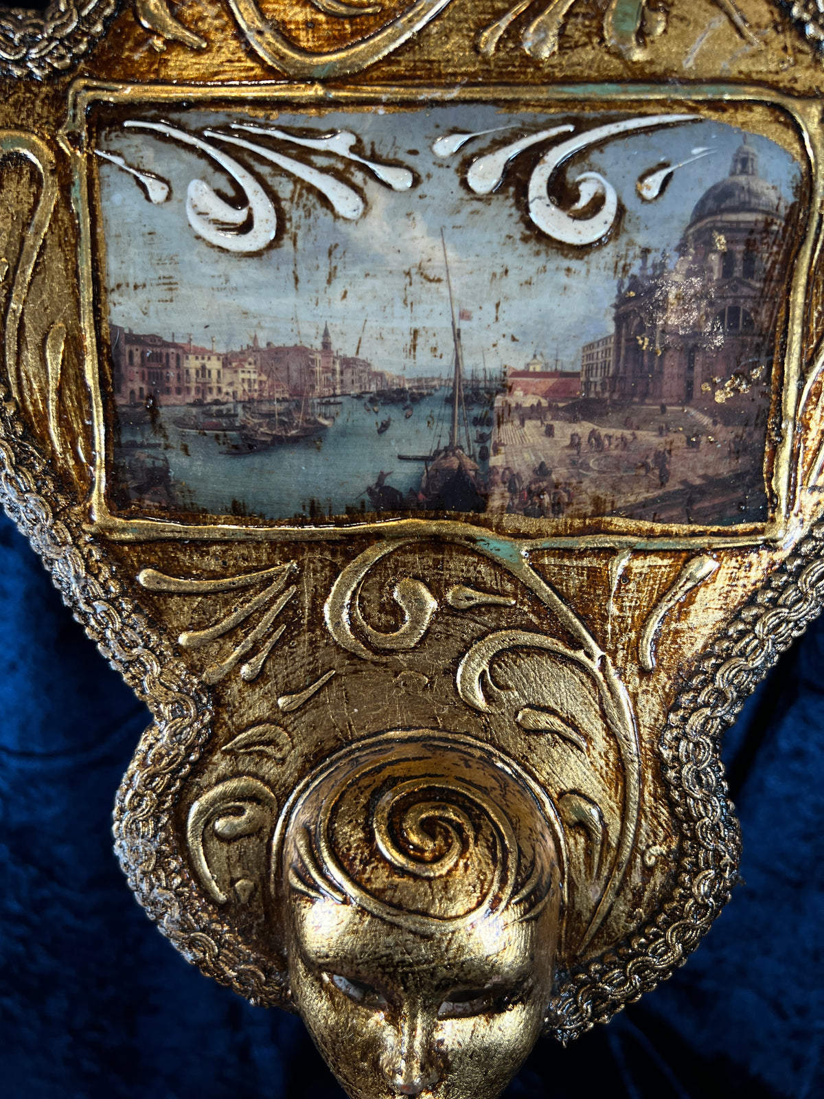 Vintage Papier Mache Hand Mirror - Venetian Scene and Ornate Gilt Frame