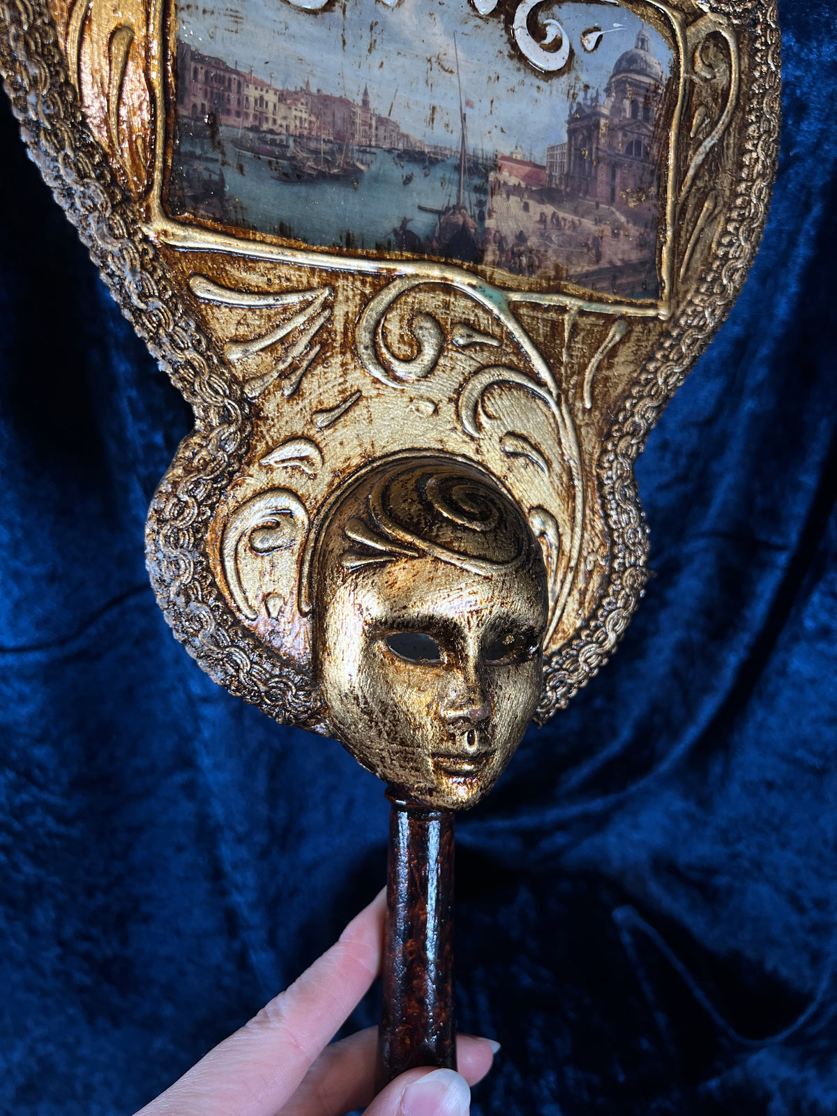 Vintage Papier Mache Hand Mirror - Venetian Scene and Ornate Gilt Frame