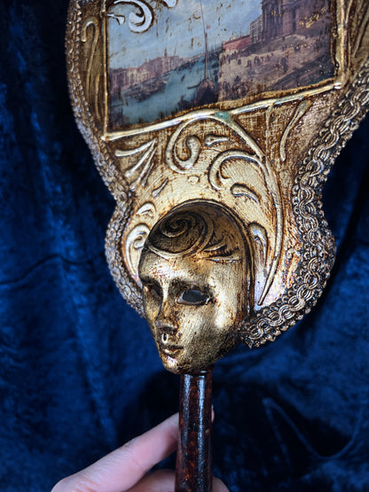 Vintage Papier Mache Hand Mirror - Venetian Scene and Ornate Gilt Frame