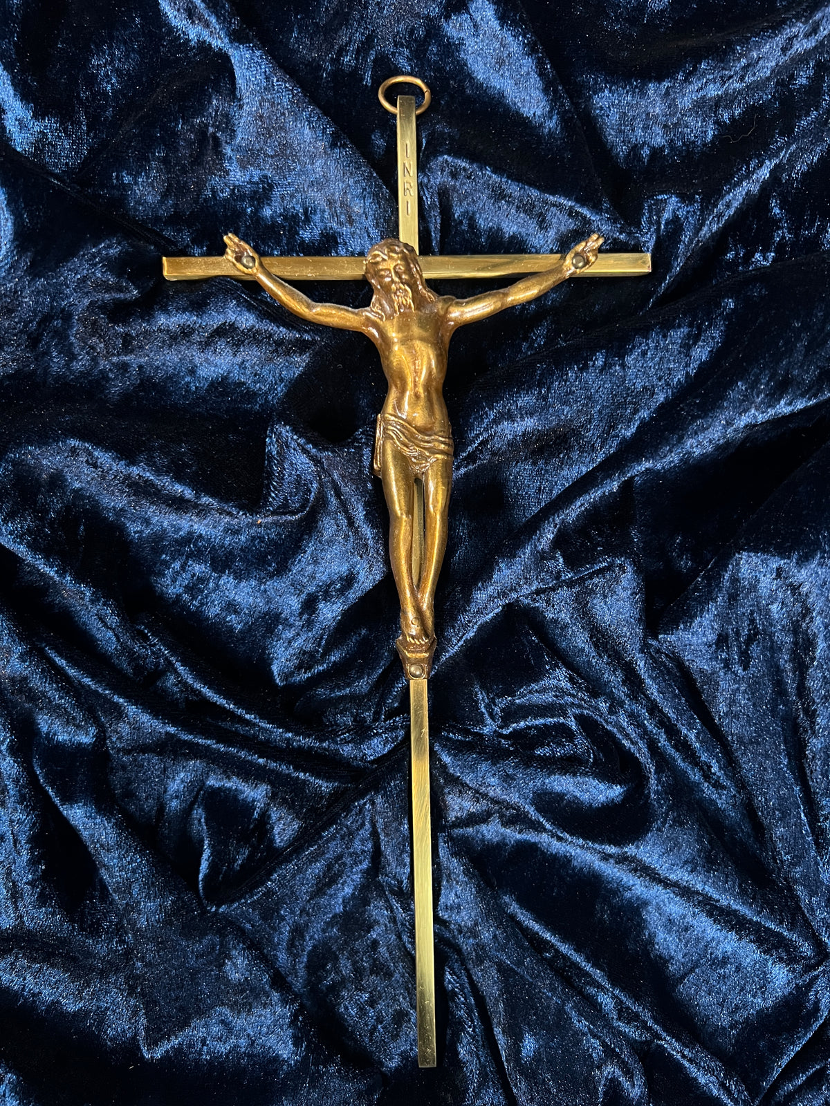 Vintage Wall Hanging Brass Crucifix - Figural Christ In Crown of Thorns Cross