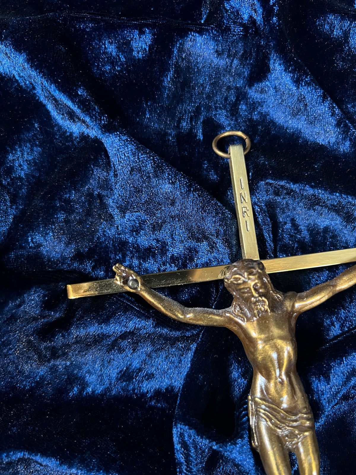 Vintage Wall Hanging Brass Crucifix - Figural Christ In Crown of Thorns Cross