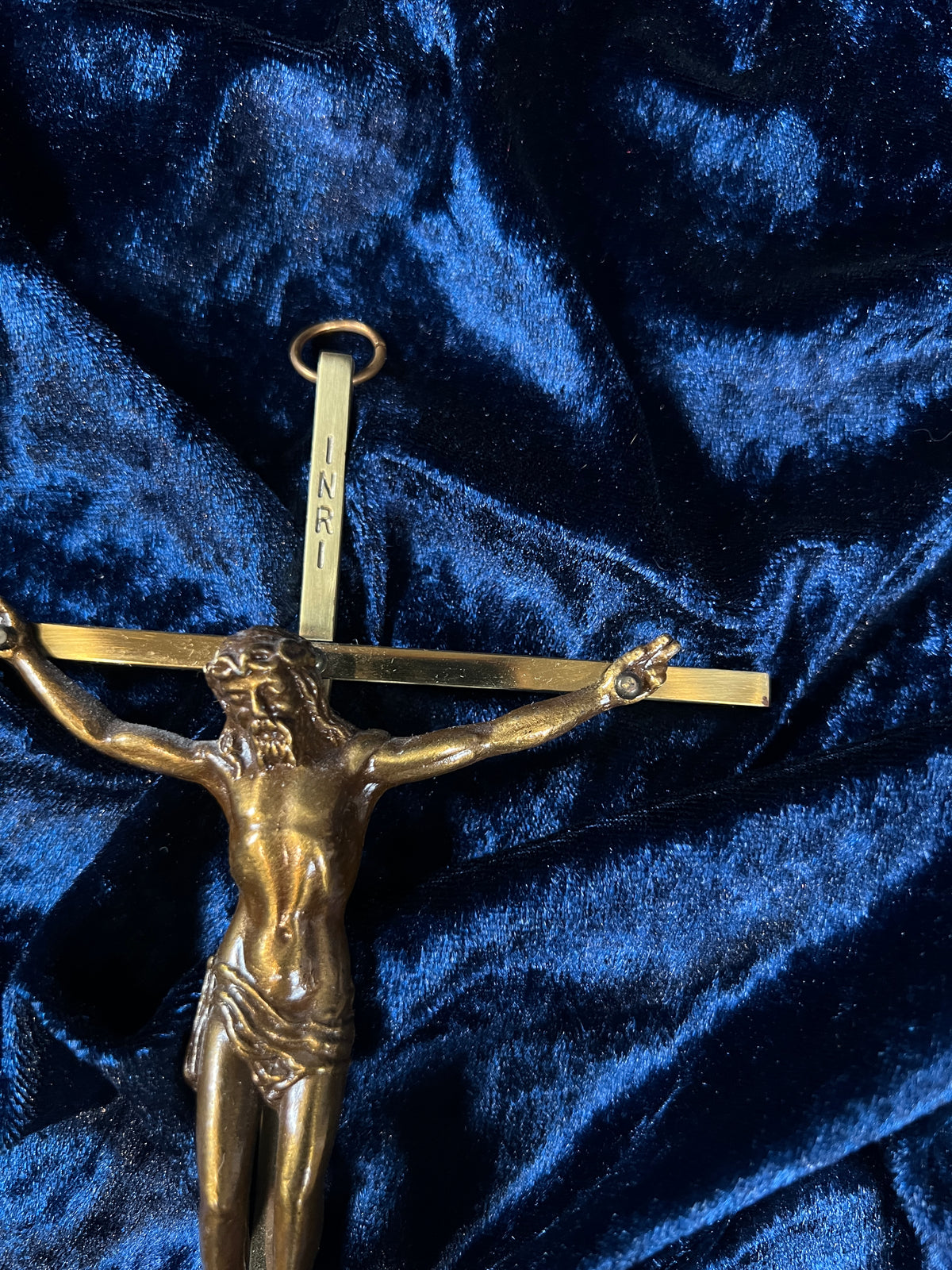 Vintage Wall Hanging Brass Crucifix - Figural Christ In Crown of Thorns Cross