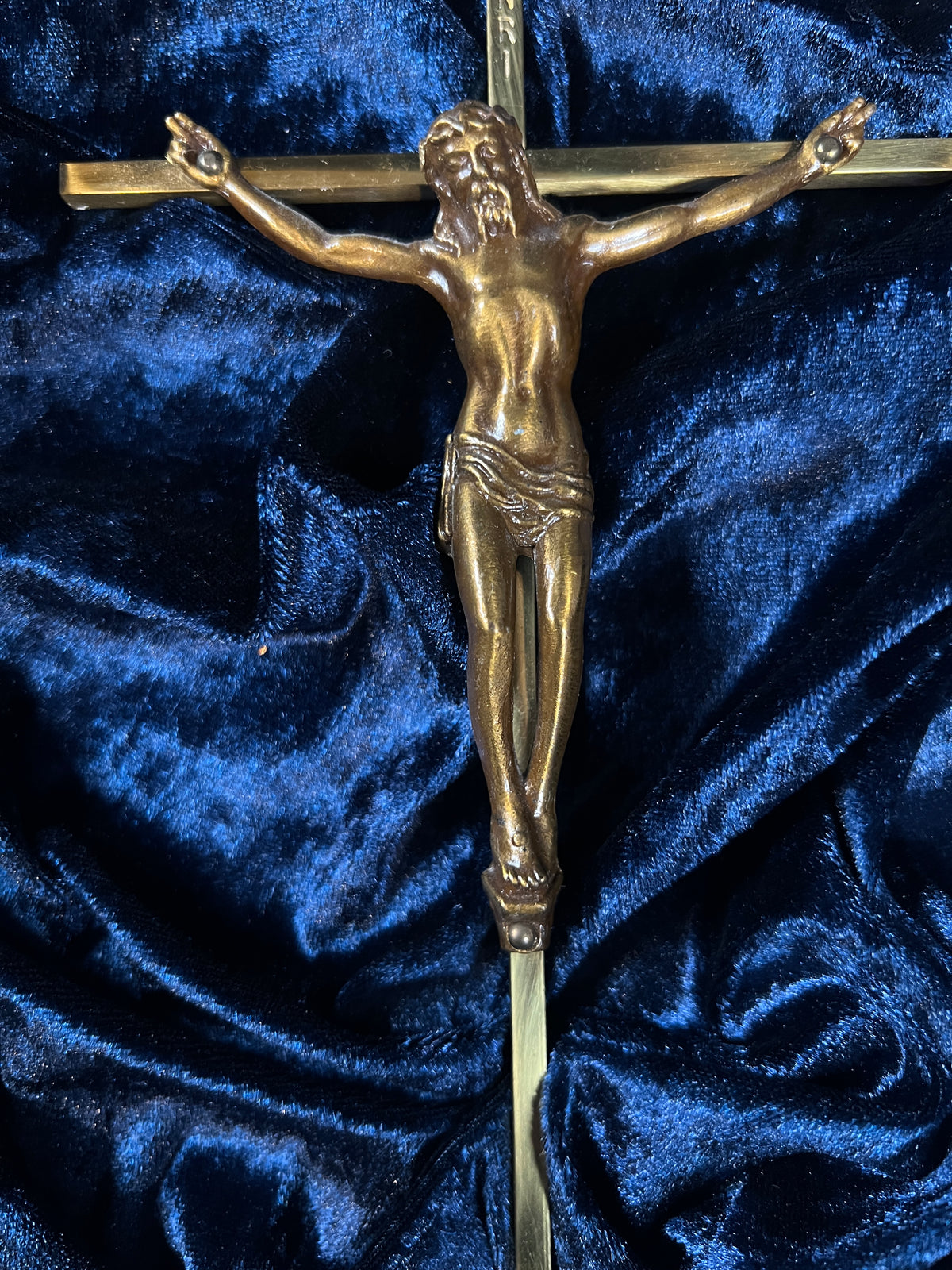 Vintage Wall Hanging Brass Crucifix - Figural Christ In Crown of Thorns Cross