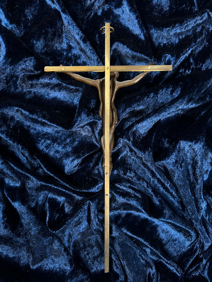 Vintage Wall Hanging Brass Crucifix - Figural Christ In Crown of Thorns Cross