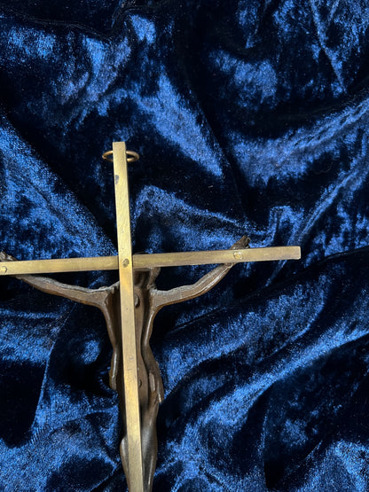 Vintage Wall Hanging Brass Crucifix - Figural Christ In Crown of Thorns Cross