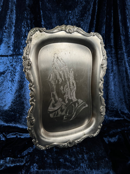 Vintage Silver Metal Vanity Tray - Sacred Praying Hands and Ornate Border