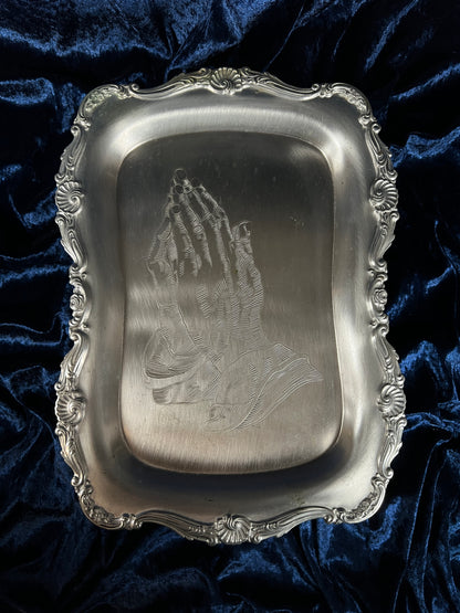 Vintage Silver Metal Vanity Tray - Sacred Praying Hands and Ornate Border