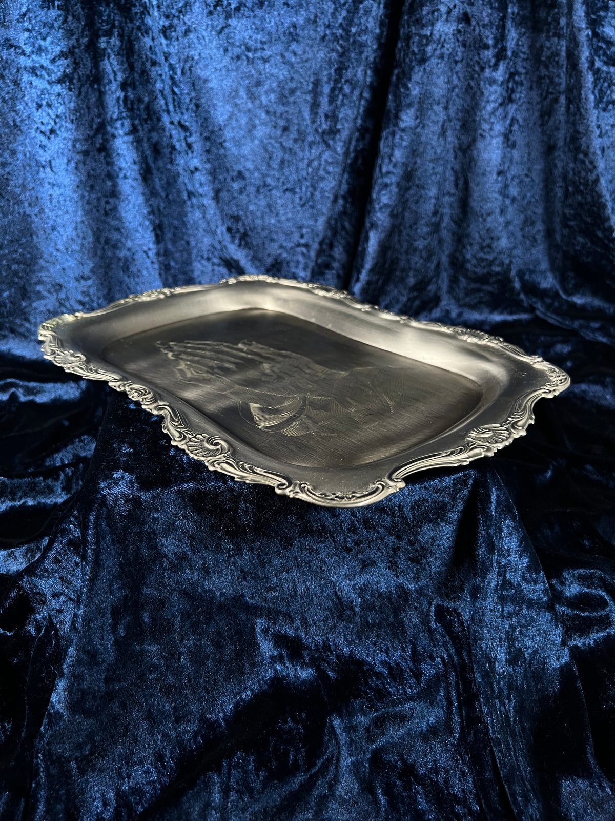 Vintage Silver Metal Vanity Tray - Sacred Praying Hands and Ornate Border