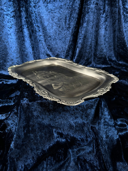 Vintage Silver Metal Vanity Tray - Sacred Praying Hands and Ornate Border